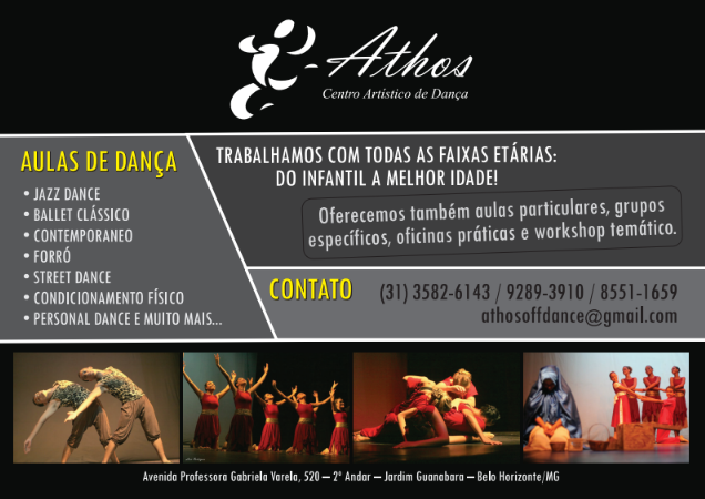 Flyer de aulas e contato do Athos Centro Artístico de Dança